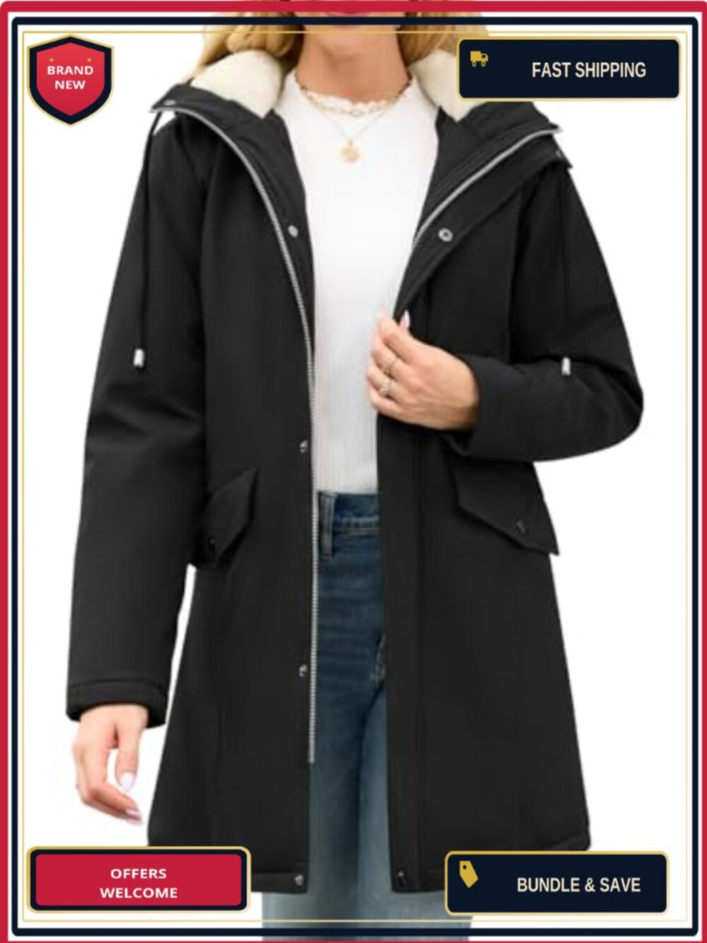 Women's Fleece Lined Water-Repellent Winter Rain Jacket with Adjustable Hood &